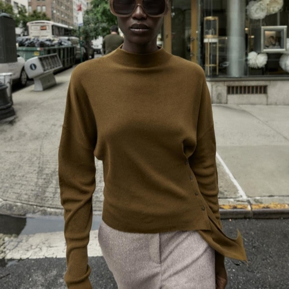 NWT Zara Asymmetric Mock Neck Laine Wool Silk Sweater In Dark Olive Khaki - S